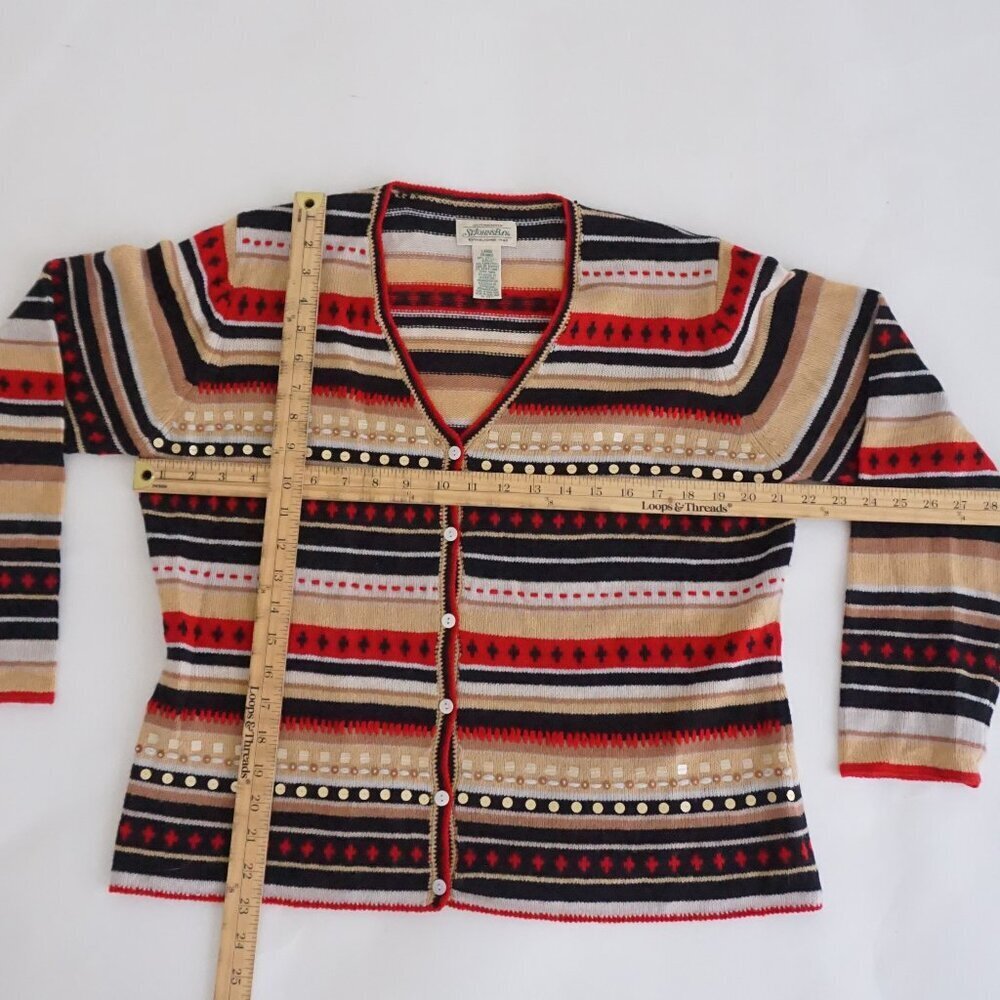 St Johns Bay Tan Red Striped Knit Button Cardigan Classic Preppy Grandmacore L - Picture 3 of 12